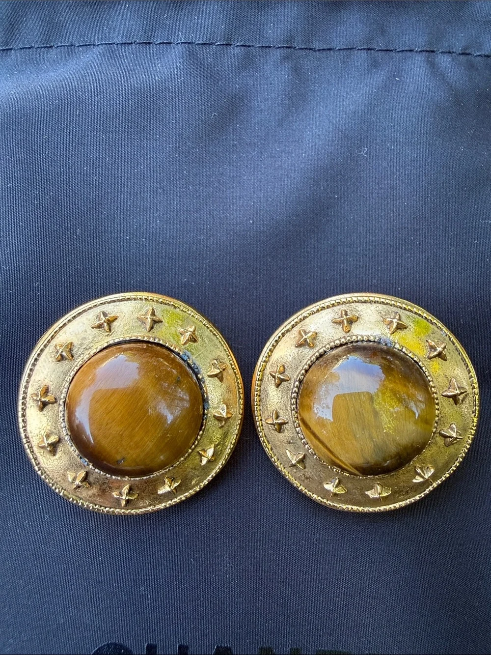 CHANEL Gold and Brown Button Earrings with Tiger's Eye Centers - Picture 2 of 9